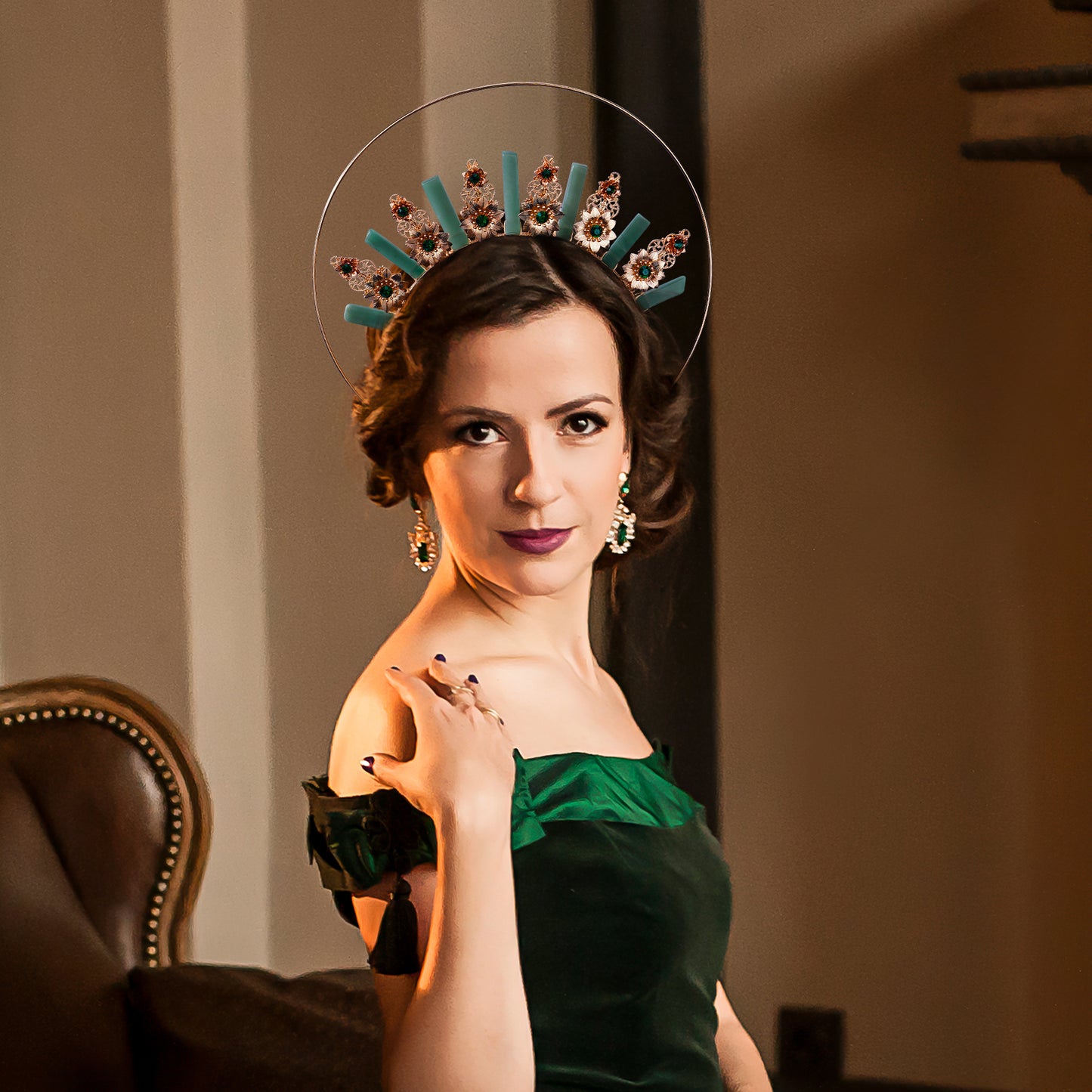COSUCOS Green Crystal Halo Crown Renaissance Headband Goddess Headpiece