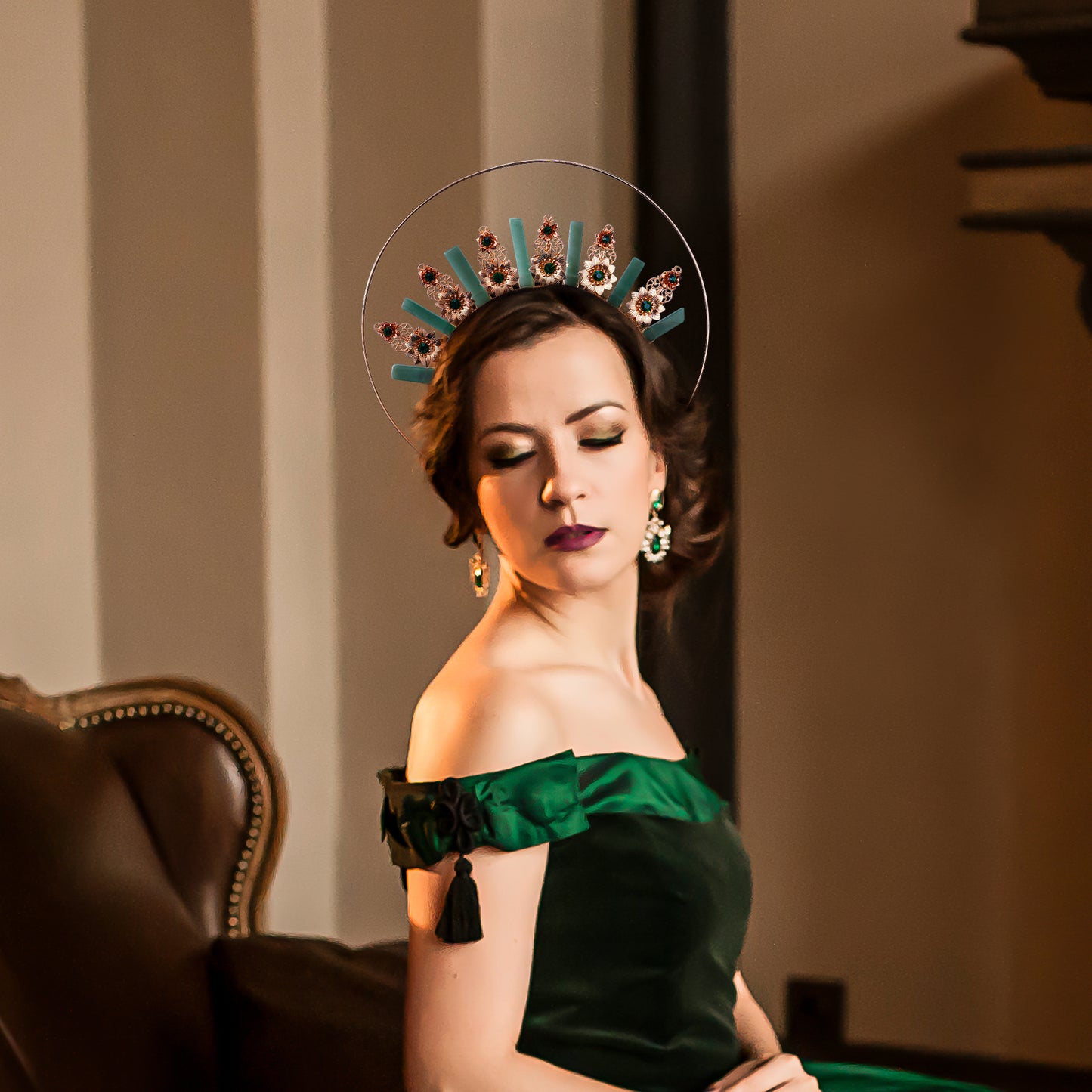 COSUCOS Green Crystal Halo Crown Renaissance Headband Goddess Headpiece
