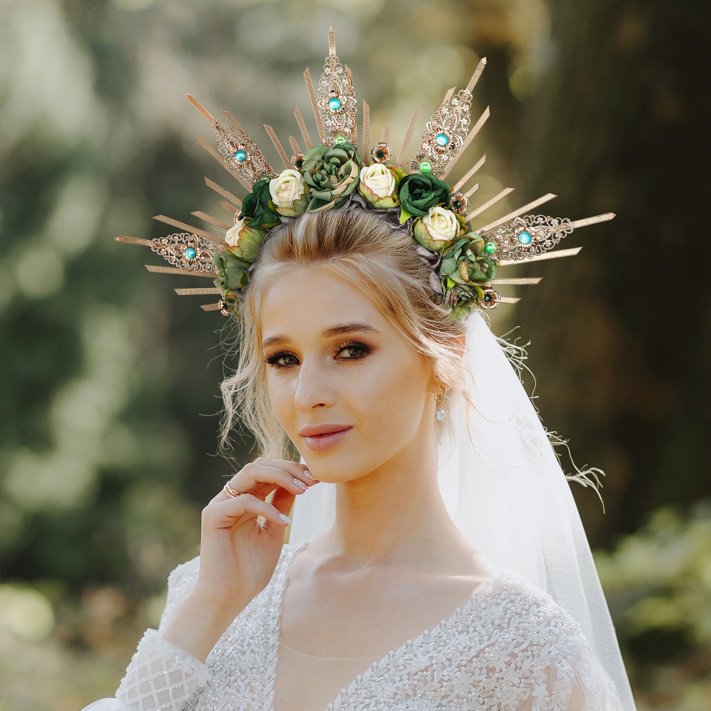 COSUCOS Roses Halo Crown Handmade Goddess Green Rose Headpiece