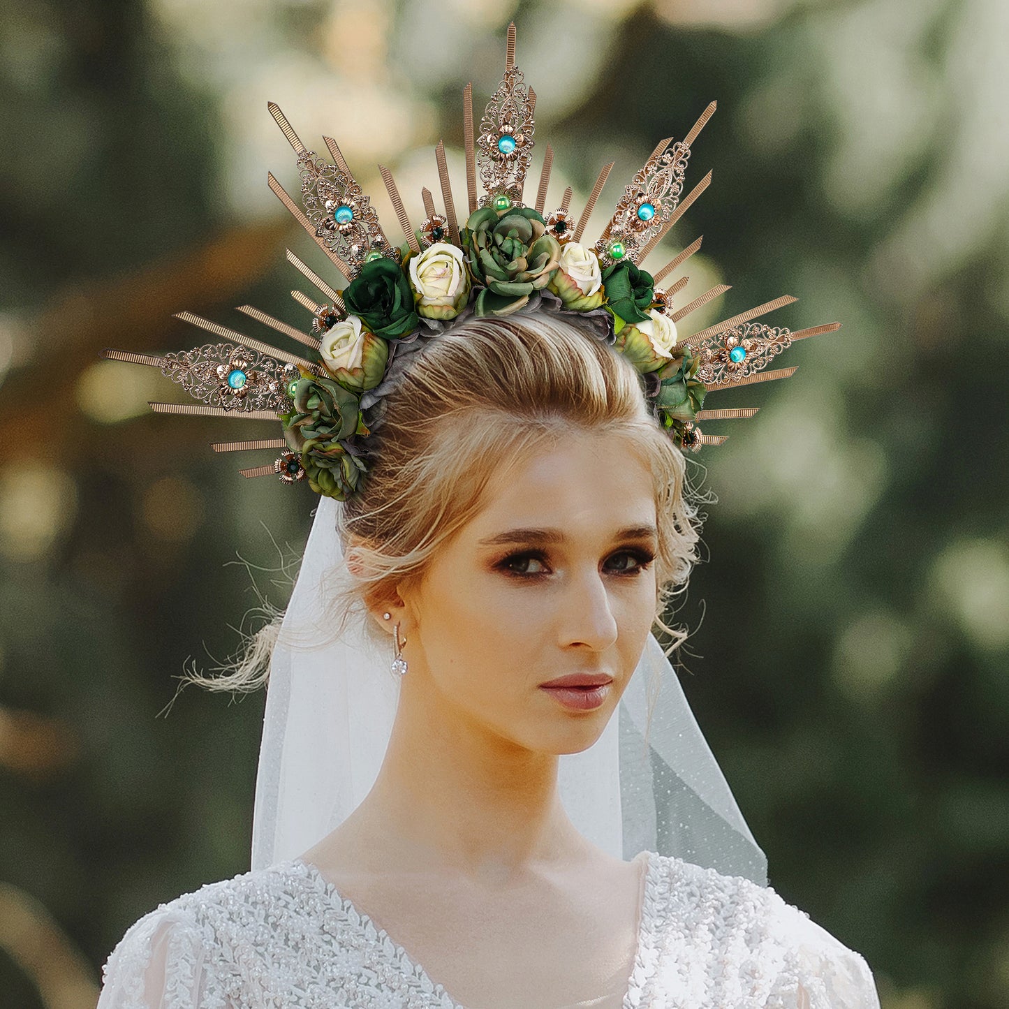 COSUCOS Roses Halo Crown Handmade Goddess Green Rose Headpiece