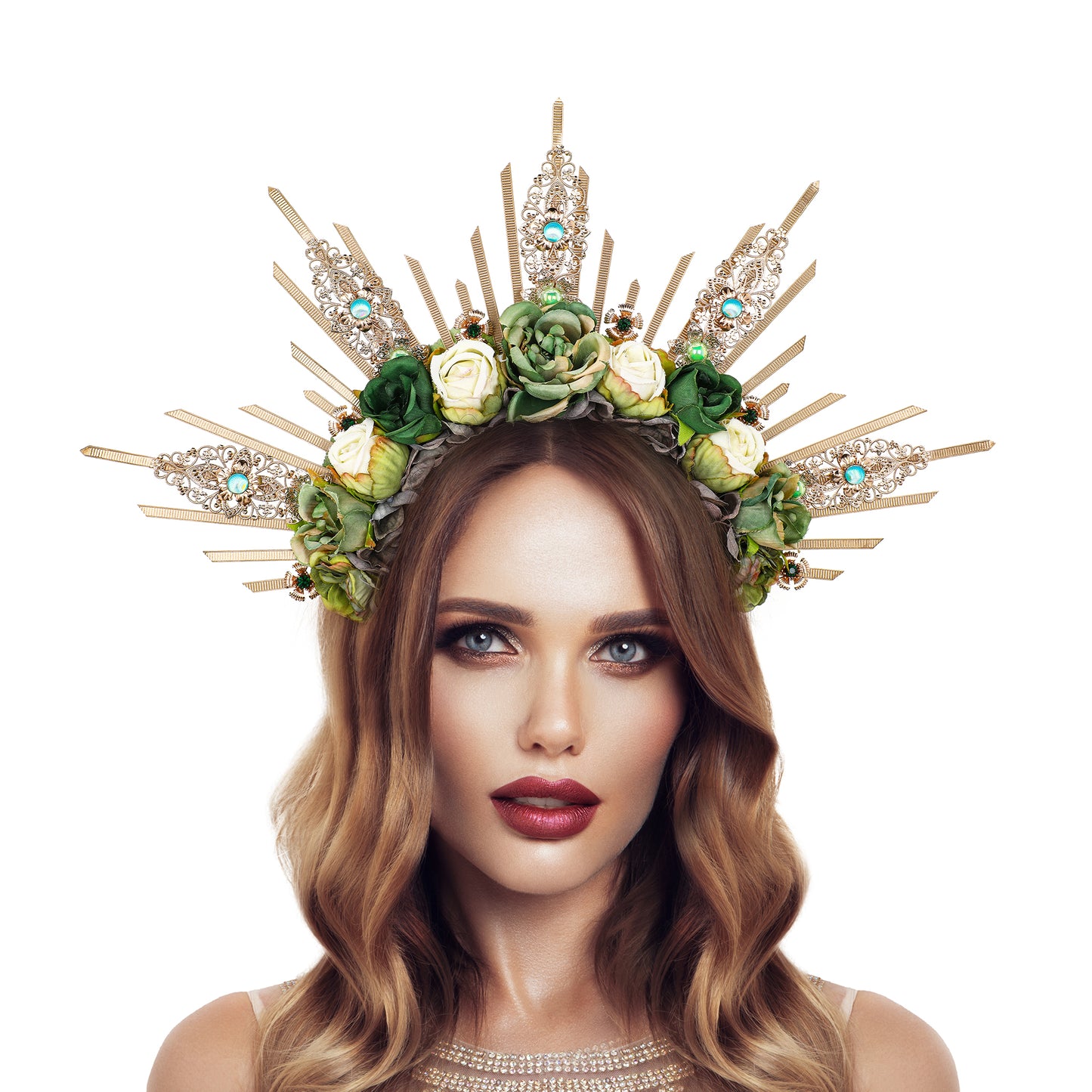 COSUCOS Roses Halo Crown Handmade Goddess Green Rose Headpiece