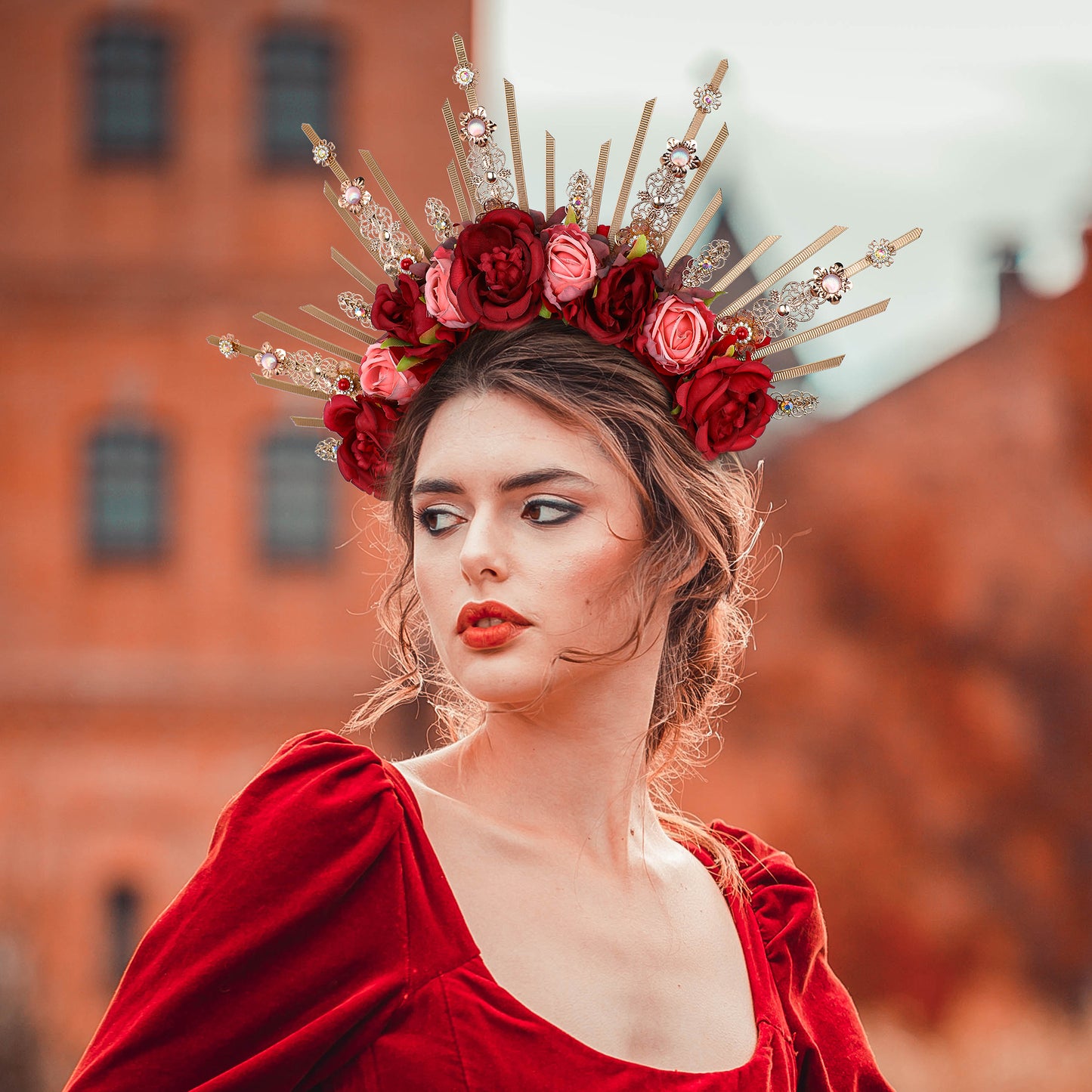 COSUCOS Rose Halo Crown Handmade Red and Pink Flower Headpiece