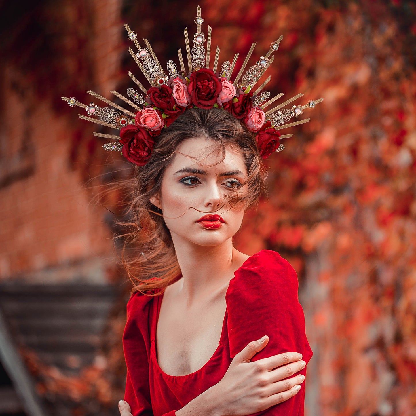 COSUCOS Rose Halo Crown Handmade Red and Pink Flower Headpiece