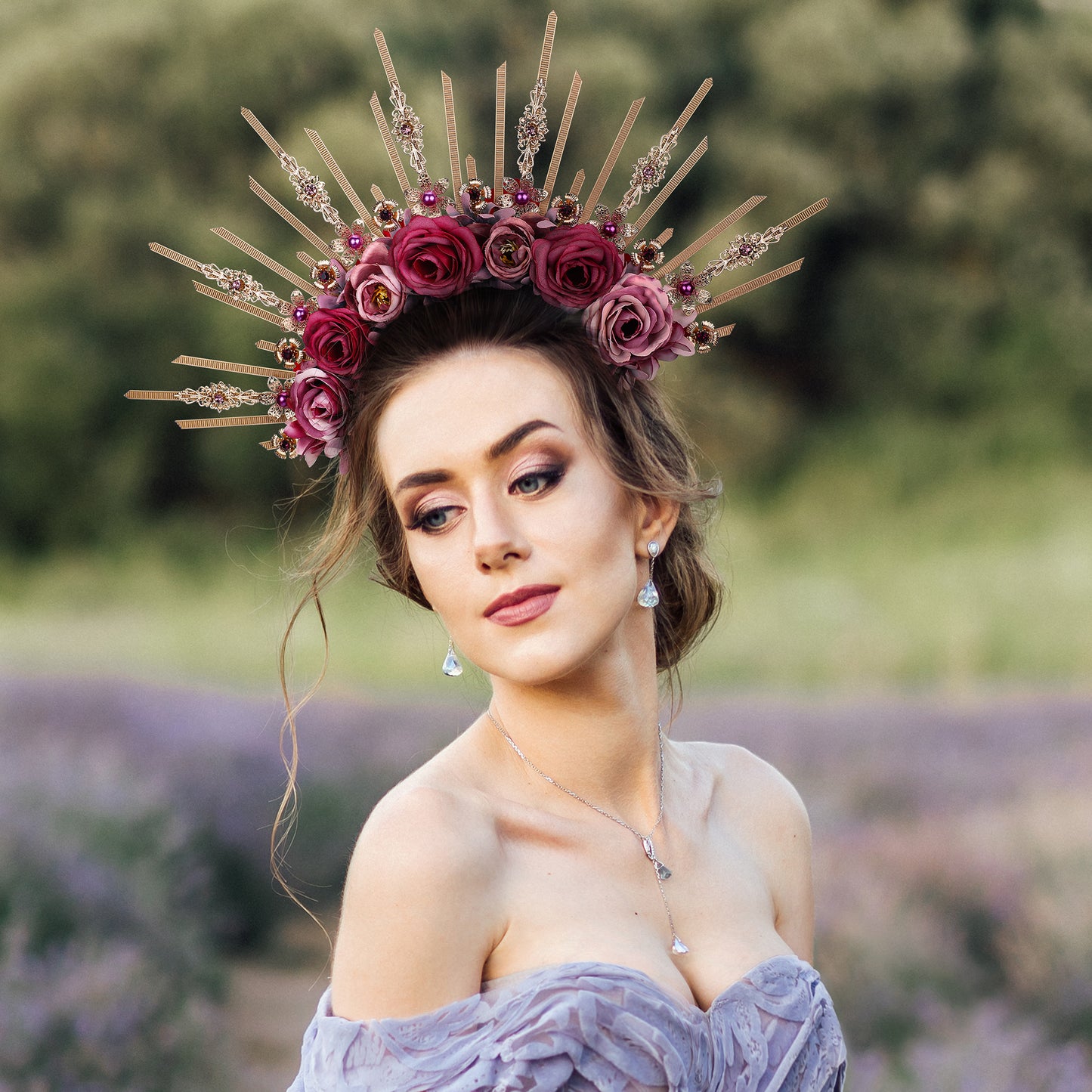 COSUCOS Flower Halo Crown Handmade Purple and Pink Rose Headpiece