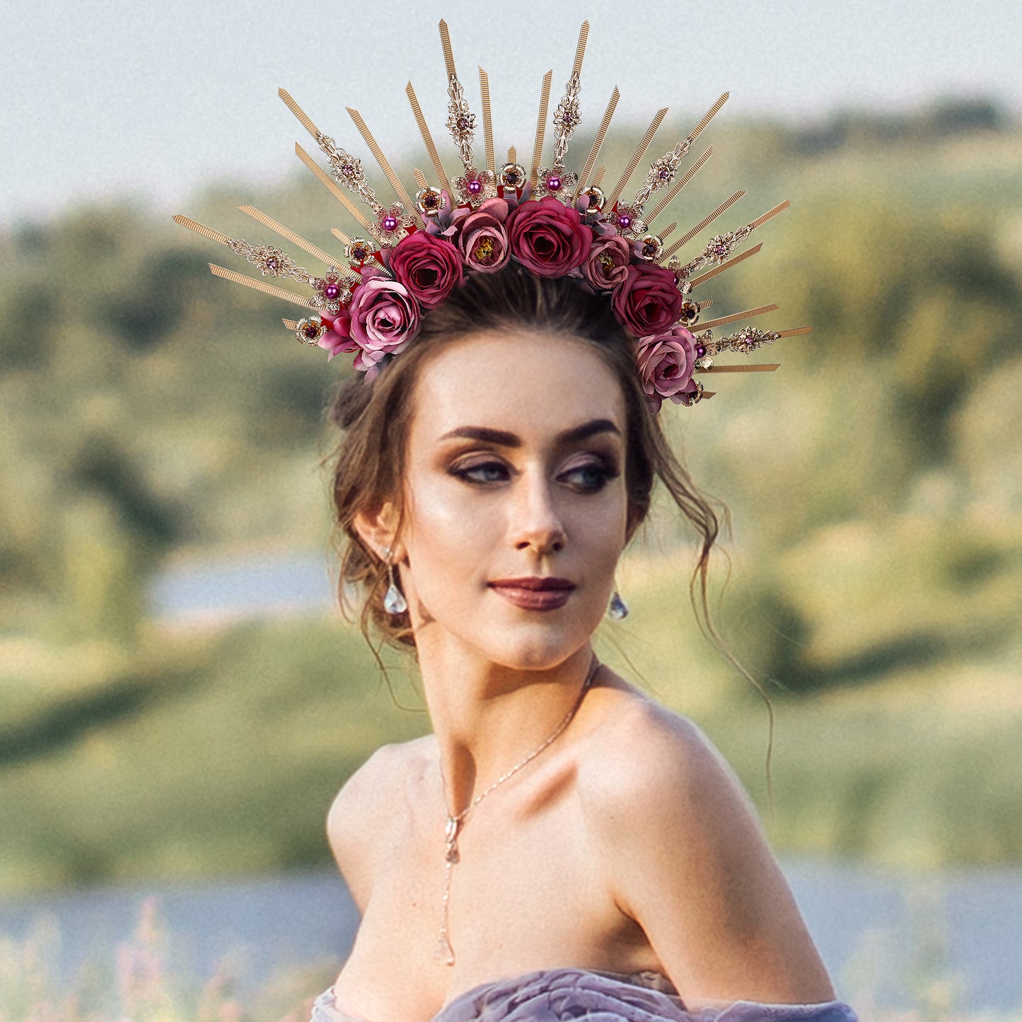 COSUCOS Flower Halo Crown Handmade Purple and Pink Rose Headpiece