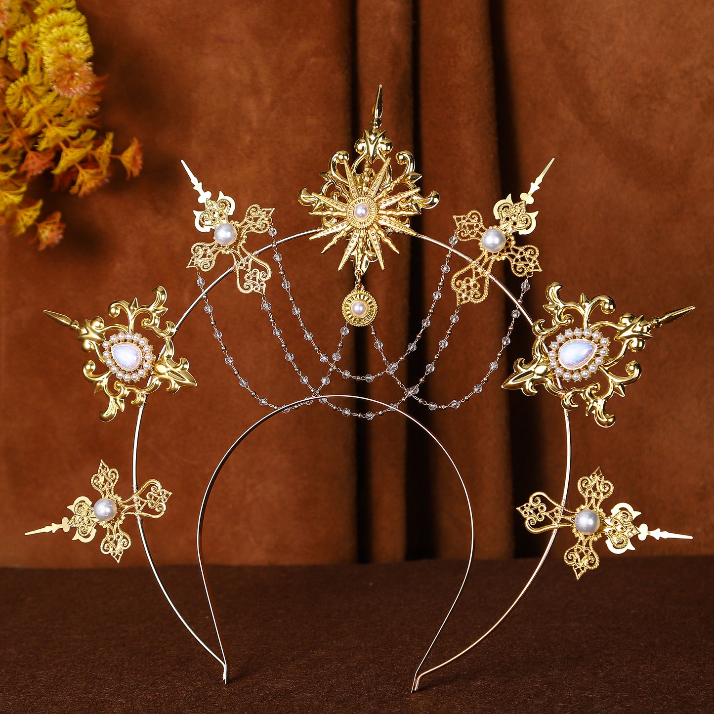 COSUCOS Gold Goddess Halo Crown Lolita Tiara Headband Gemstone Pearl Tassel Headwear
