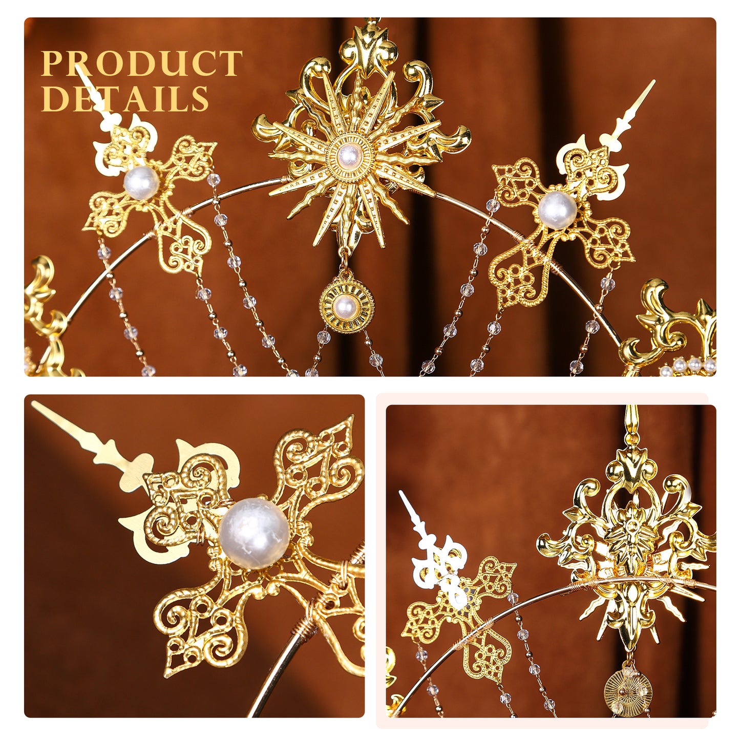 COSUCOS Gold Goddess Halo Crown Lolita Tiara Headband Gemstone Pearl Tassel Headwear