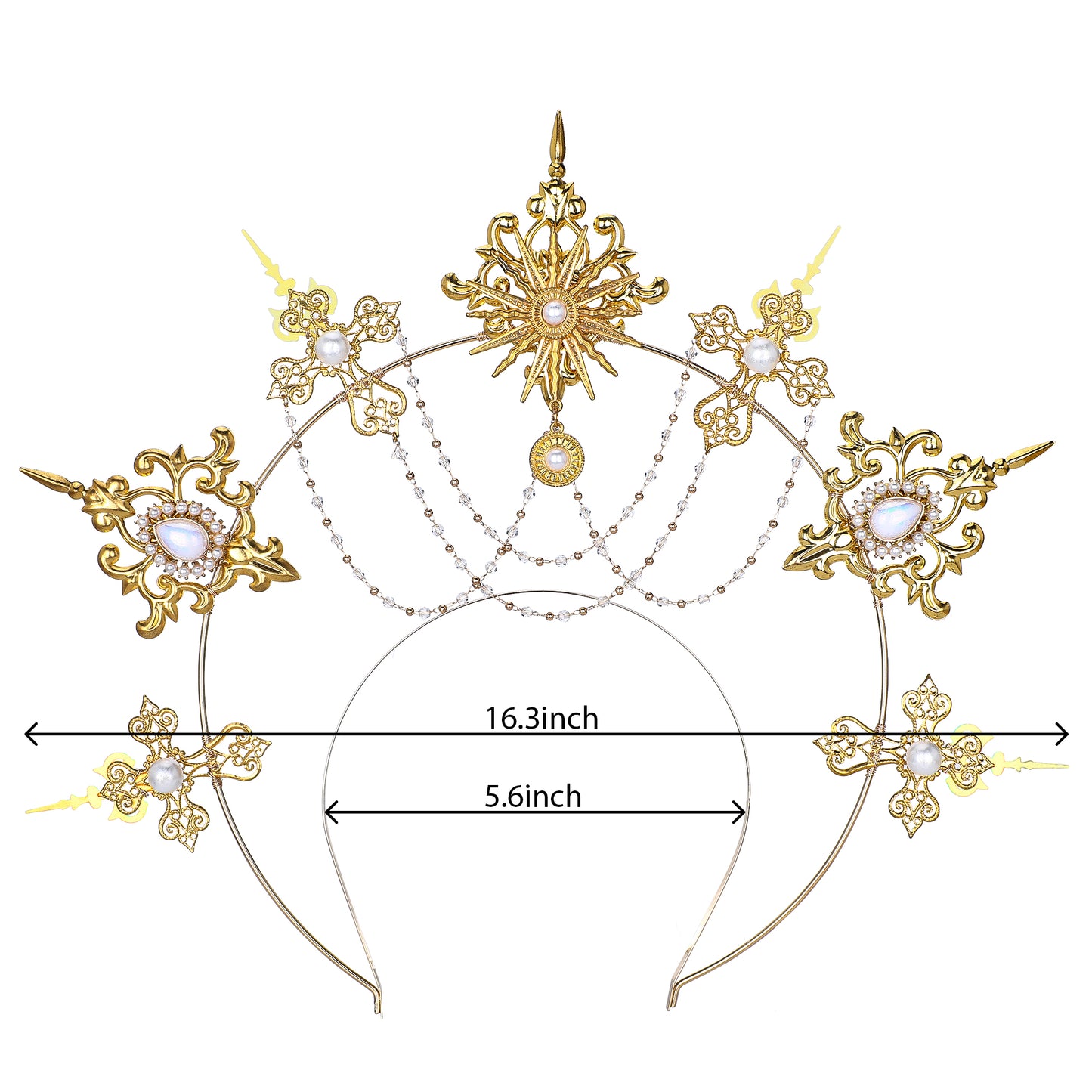 COSUCOS Gold Goddess Halo Crown Lolita Tiara Headband Gemstone Pearl Tassel Headwear
