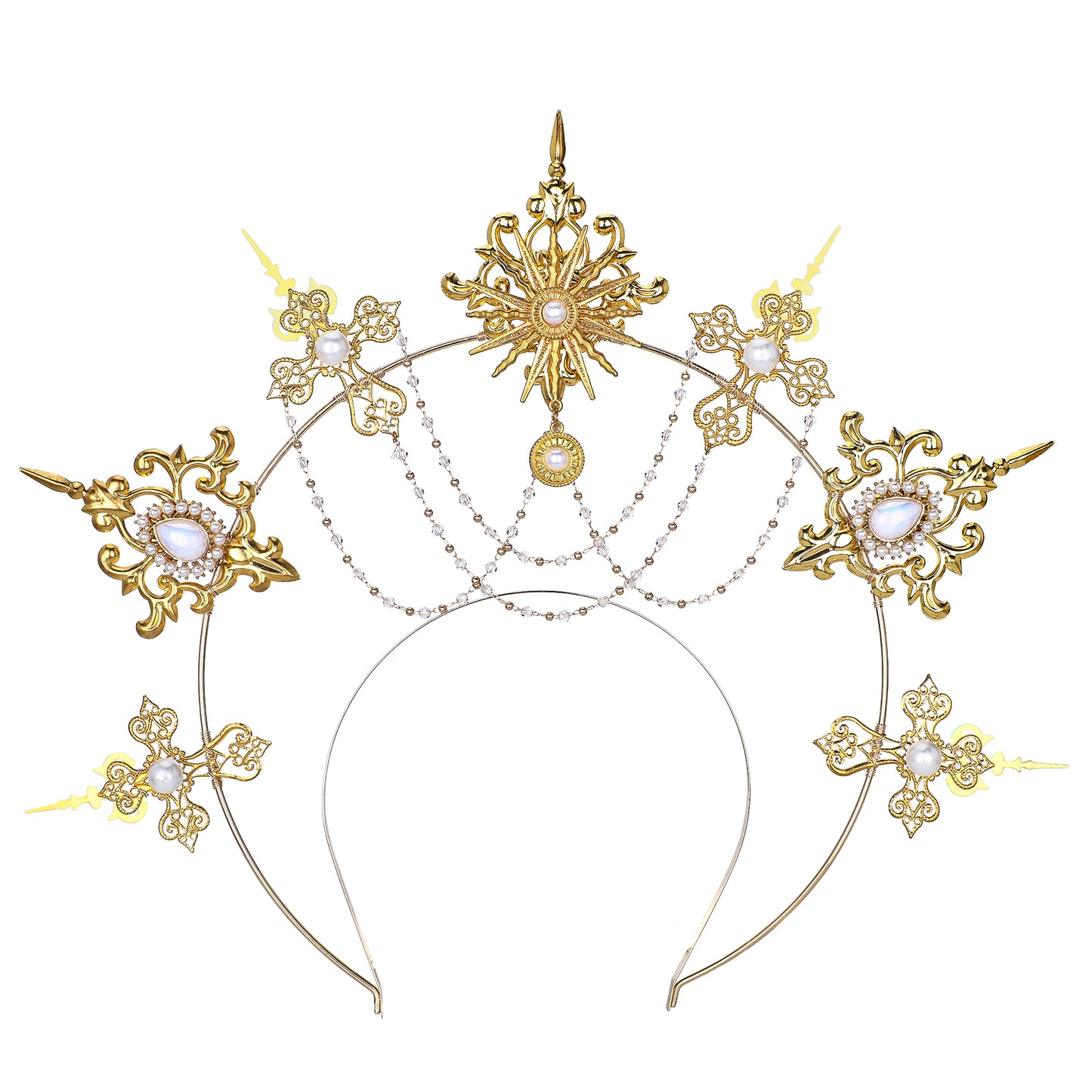 COSUCOS Gold Goddess Halo Crown Lolita Tiara Headband Gemstone Pearl Tassel Headwear