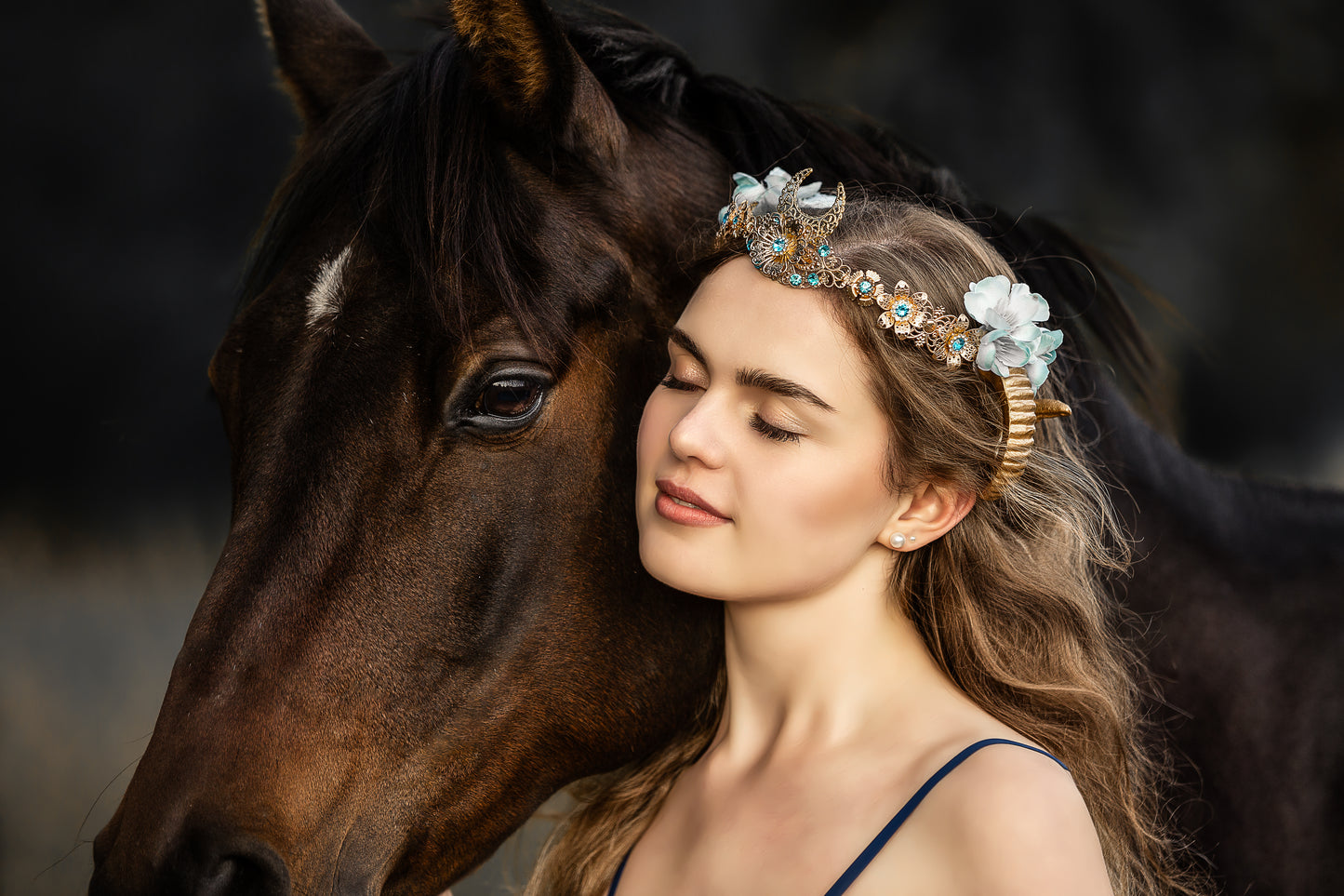 COSUCOS Fashion Gold Sheep Horn Headband Ram Horn Fairy Flower Crown Headwear