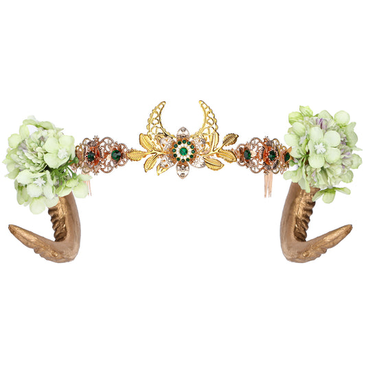 COSUCOS Viking Classic Sheep Horn Headband with Flower Witch Crown Forest Woodland