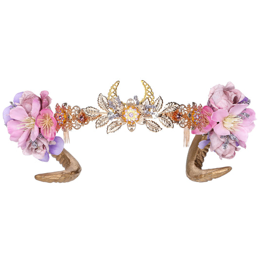 COSUCOS Classic Gold Ram Horn Crown Viking Sheep Horn Headband Elf Flower Tiara