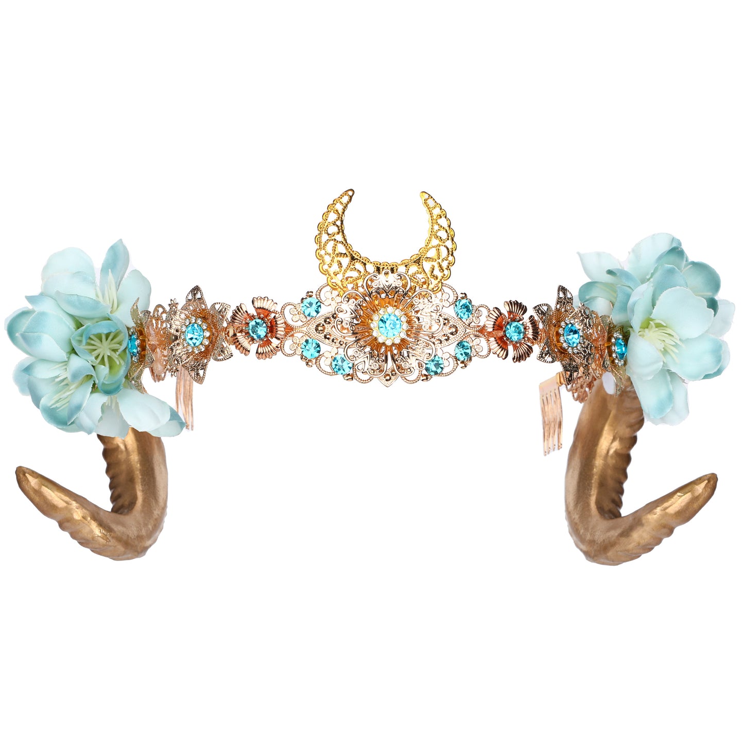 COSUCOS Fashion Gold Sheep Horn Headband Ram Horn Fairy Flower Crown Headwear