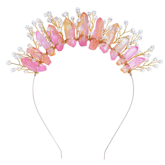 COSUCOS Raw Quartz Crystal Crown - Mermaid Crown Fairy Pink Headwear Goddess Headpiece
