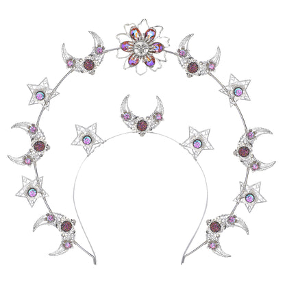 COSUCOS Handmade Star Moon Halo Crown with Pink Rhinestone Goddess Headband