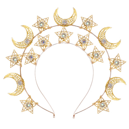 COSUCOS Gold Moon Star Halo Crown - Celestial Headband Goddess Crown Mary Metal Halo Headpiece