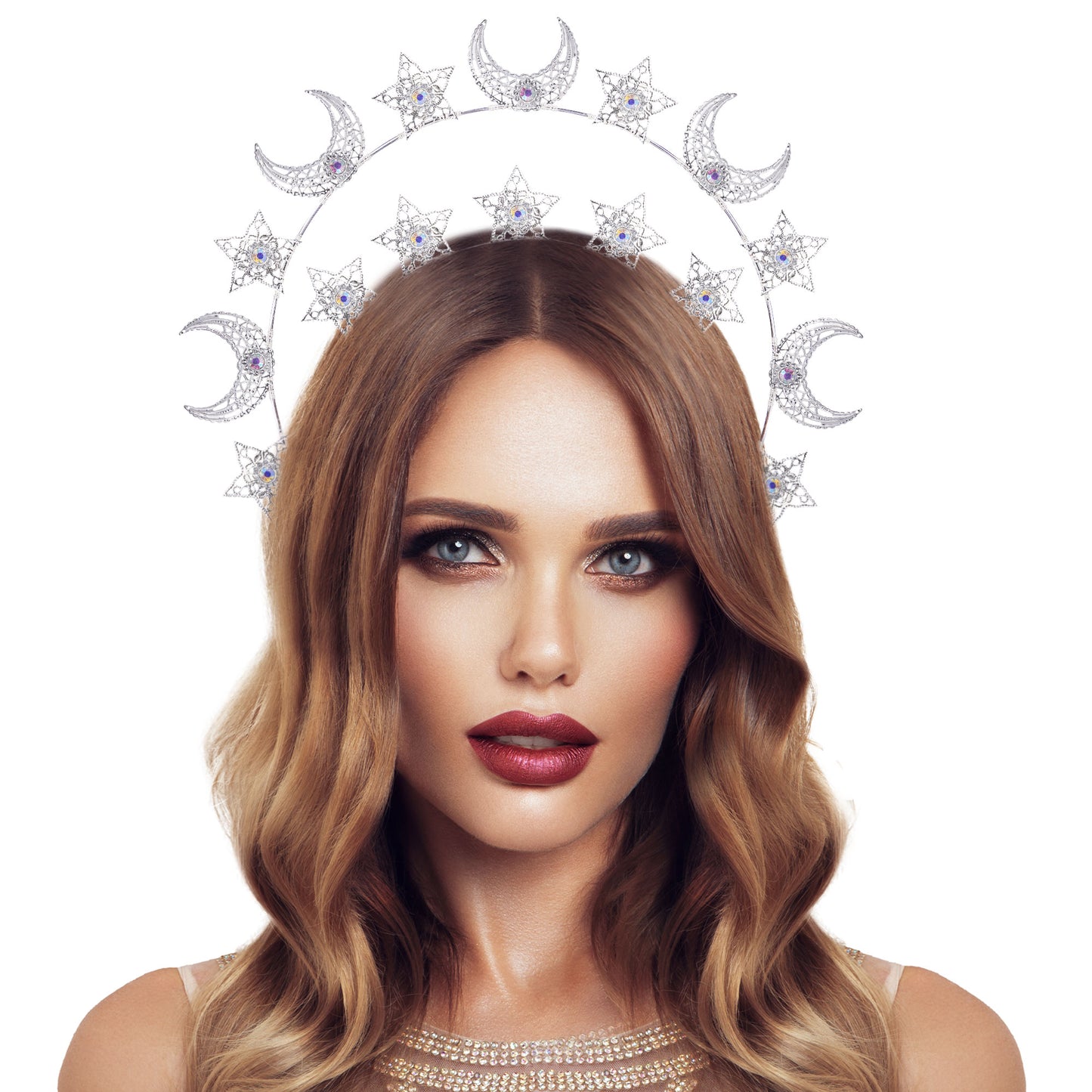 COSUCOS Sliver Moon Star Halo Crown - Celestial Headband with Rhinestones Goddess Headpiece