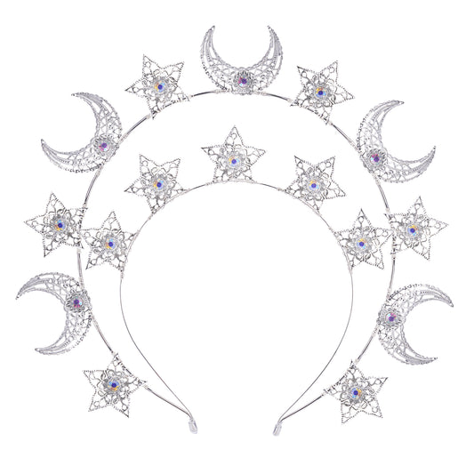 COSUCOS Sliver Moon Star Halo Crown - Celestial Headband with Rhinestones Goddess Headpiece