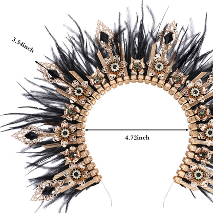 Gold Spiked Headband Black Feather Hair Accessories