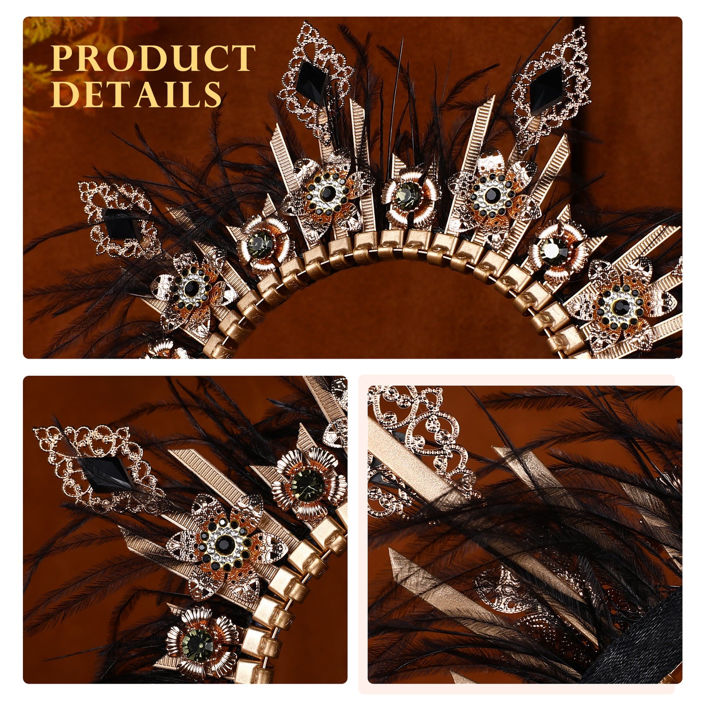 Gold Spiked Headband Black Feather Hair Accessories