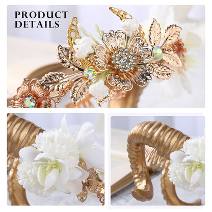 COSUCOS Classic Gold Ram Horn Crown Viking Sheep Horn Headband Elf Flower Tiara