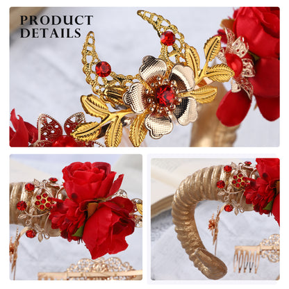 COSUCOS Gothic Gold Ram Horns Headband Fairy Sheep Horn Flower Crown