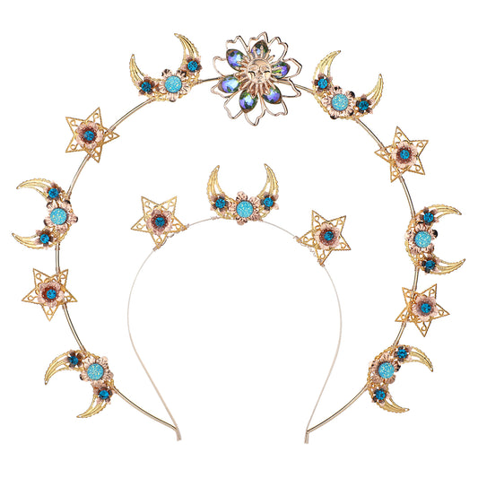 COSUCOS Gold Moon Halo Crown Star Headband with Blue Crysta