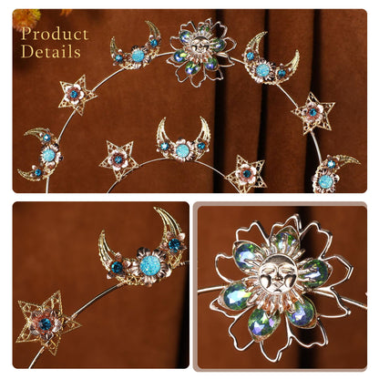 COSUCOS Gold Moon Halo Crown Star Headband with Blue Crysta