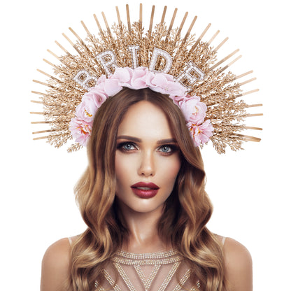 Bridal Pink Flower Halo Crown - Handmade Bride Weeding Floral Tiara