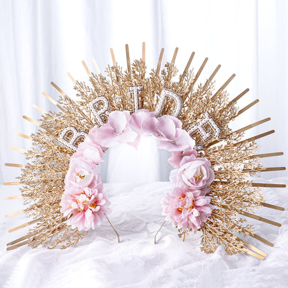 Bridal Pink Flower Halo Crown - Handmade Bride Weeding Floral Tiara