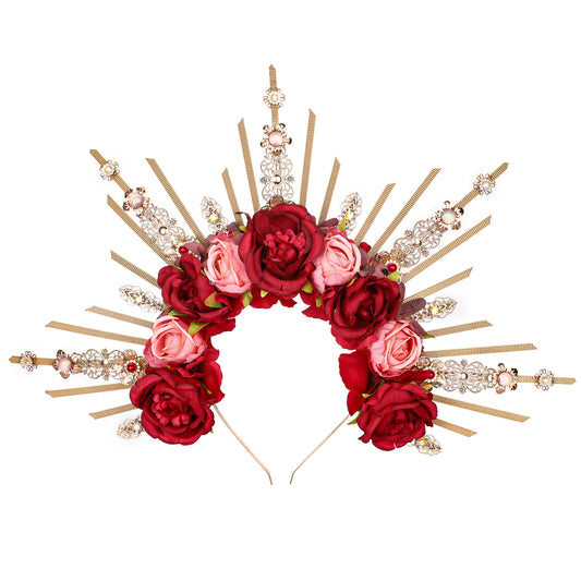 COSUCOS Rose Halo Crown Handmade Red and Pink Flower Headpiece