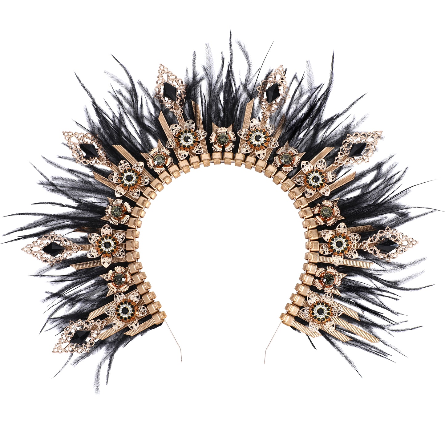 Gold Spiked Headband Black Feather Hair Accessories